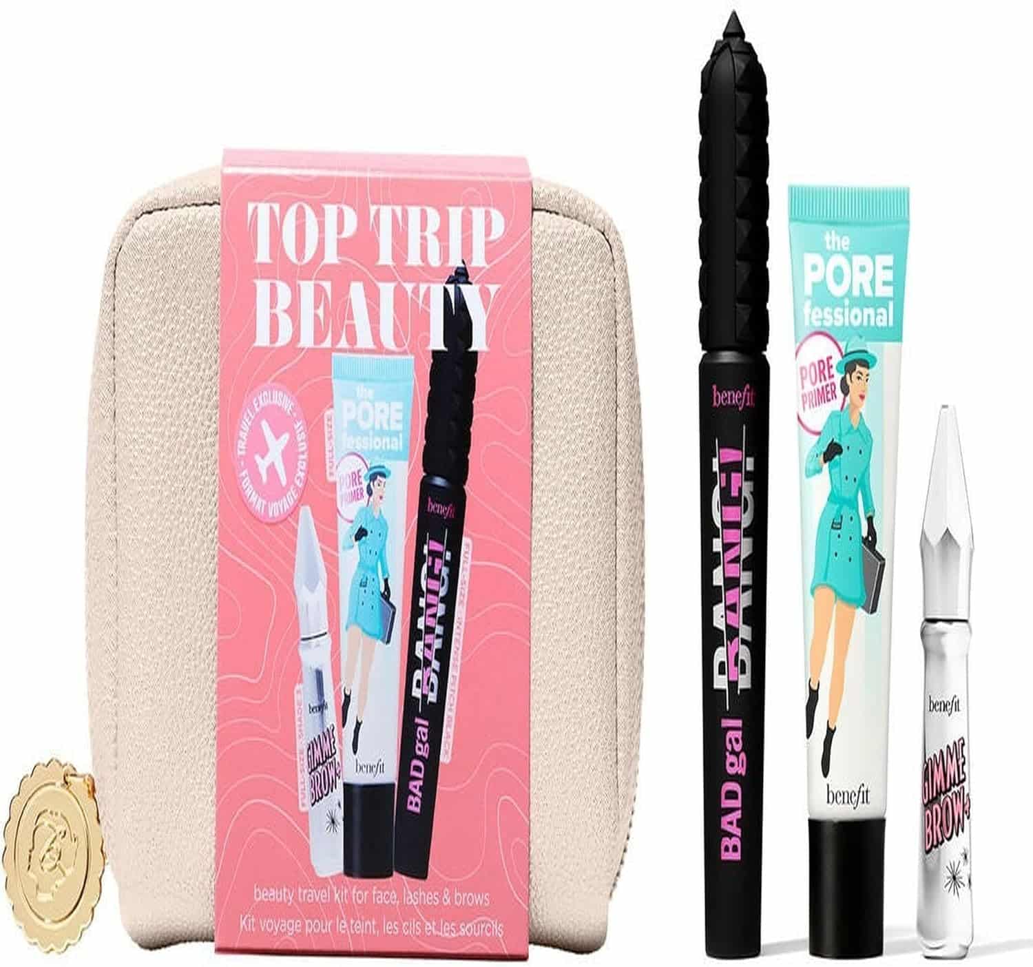 81K1Dv8-D9L._AC_SL1500_ Benefit Top Trip Beauty Set: 22ml Primer + 8.5g Mascara + Shade 3 + Pouch Gimme Brow - Image 1
