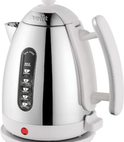 Dualit DA7205 1.5L Lite Jug Kettle in white with a sleek design and visible measurement window.
