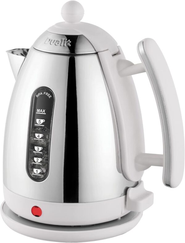Dualit DA7205 1.5L Lite Jug Kettle in white with a sleek design and visible measurement window.