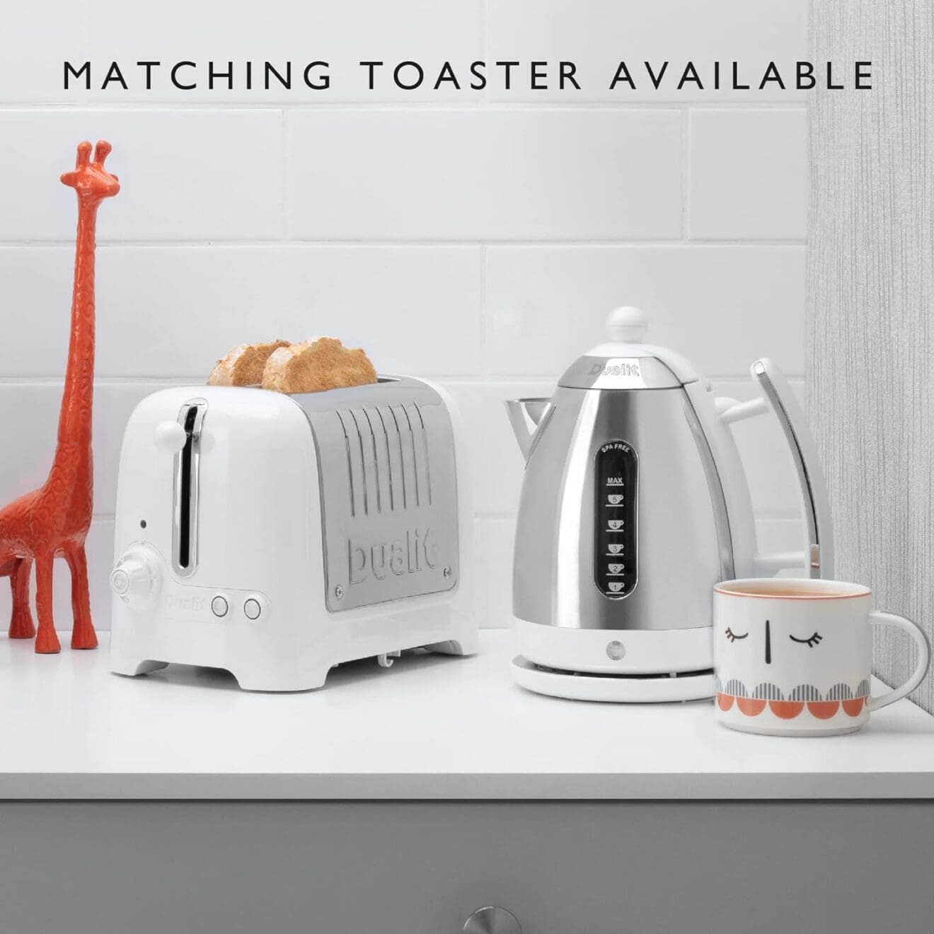 Dualit Da7205 15l Lite Jug Kettle in White Next to Matching Toaster on Kitchen Counter