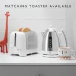 Dualit Da7205 15l Lite Jug Kettle in White Next to Matching Toaster on Kitchen Counter