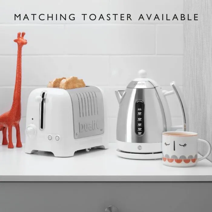 Dualit Da7205 15l Lite Jug Kettle in White Next to Matching Toaster on Kitchen Counter