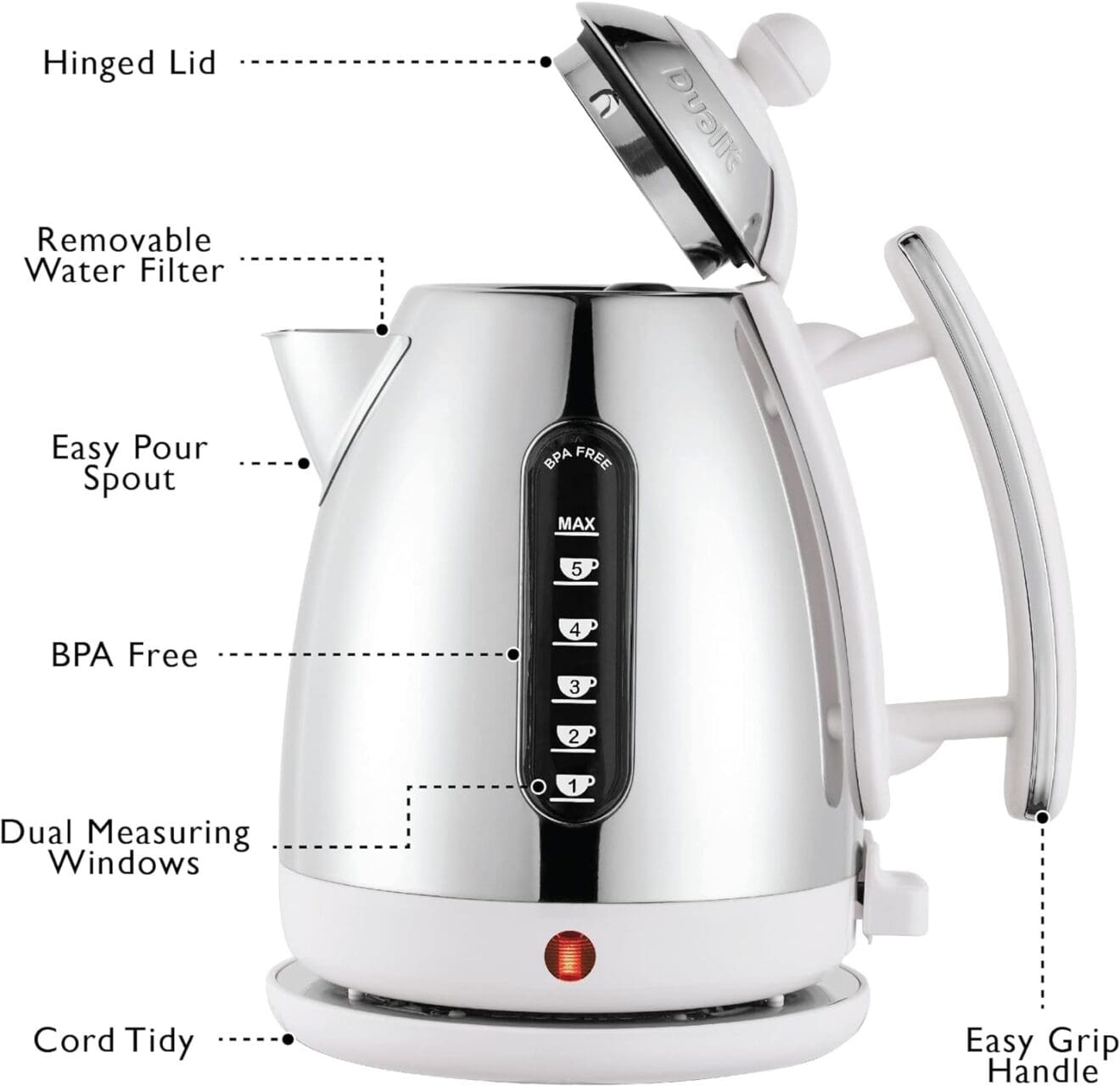 White Dualit Da7205 15l Lite Jug Kettle with Labeled Features Like Hinged Lid and Easy Pour Spout