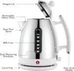 White Dualit Da7205 15l Lite Jug Kettle with Labeled Features Like Hinged Lid and Easy Pour Spout