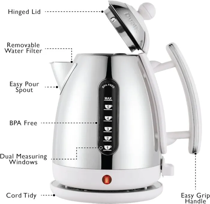 White Dualit Da7205 15l Lite Jug Kettle with Labeled Features Like Hinged Lid and Easy Pour Spout