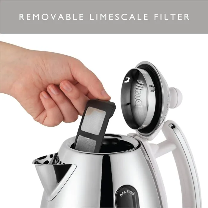 Close up of a Hand Removing the Limescale Filter from a Dualit Da7205 15l Lite Jug Kettle in White