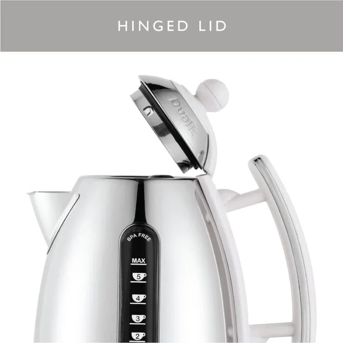 Dualit Da7205 15l Lite Jug Kettle in White with an Open Hinged Lid Showcasing Design and Capacity Markers