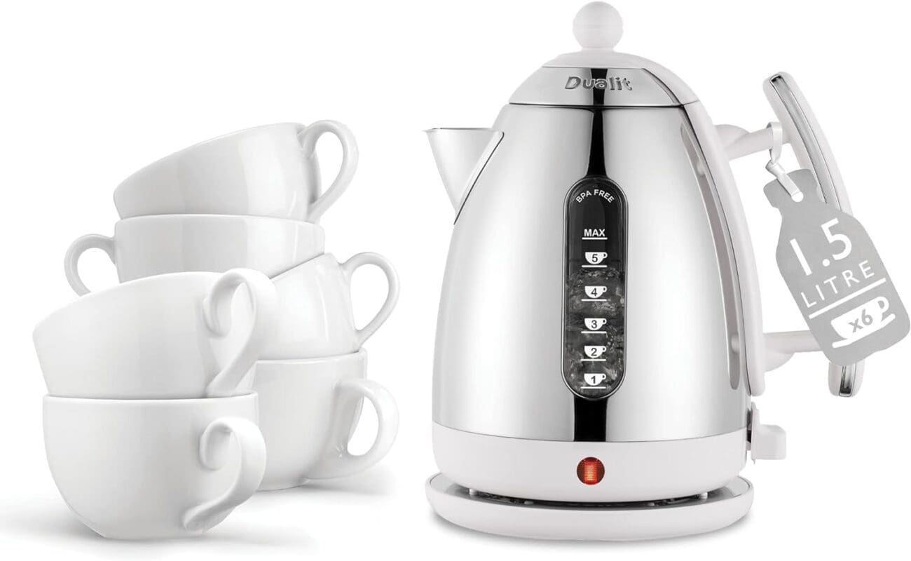 Dualit Da7205 15l Lite Jug Kettle in White with a Stack of Cups on the Left Side