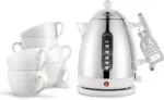 Dualit Da7205 15l Lite Jug Kettle in White with a Stack of Cups on the Left Side