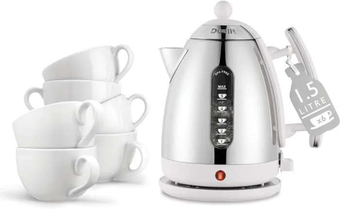 Dualit Da7205 15l Lite Jug Kettle in White with a Stack of Cups on the Left Side