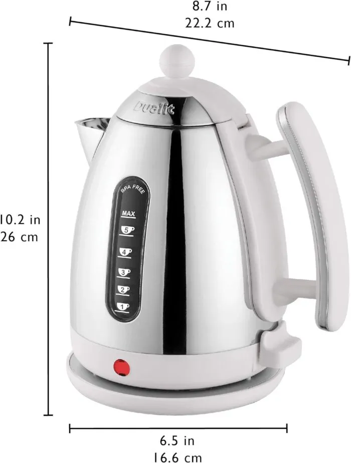 Dualit Da7205 15l Lite Jug Kettle in White Showing Dimensions and Control Panel