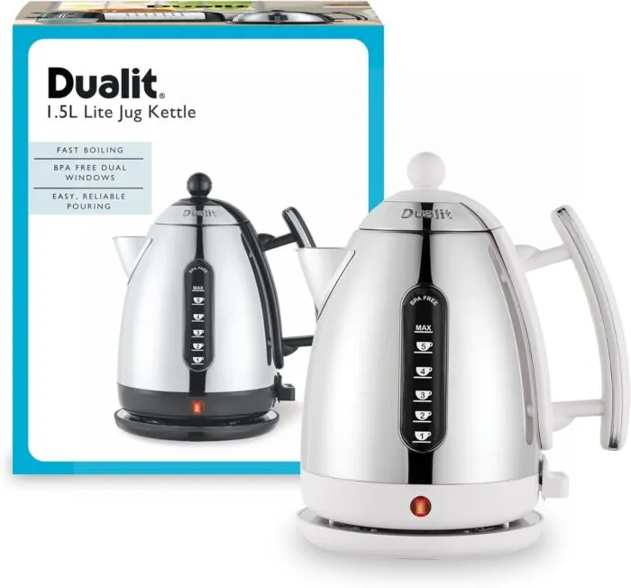 Dualit Da7205 15l Lite Jug Kettle in White Showing Front and Angled Views with Feature Labels