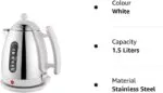 White Dualit Da7205 15l Lite Jug Kettle in Stainless Steel Side View with Visible Water Level Gauge