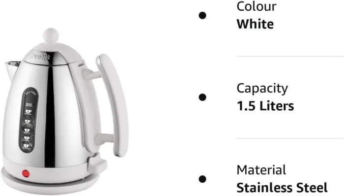 White Dualit Da7205 15l Lite Jug Kettle in Stainless Steel Side View with Visible Water Level Gauge