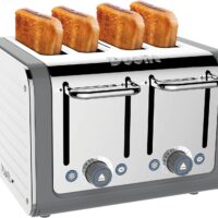 Dualit DA4526 4 Slot Architect Toaster Grey with toast popping out.