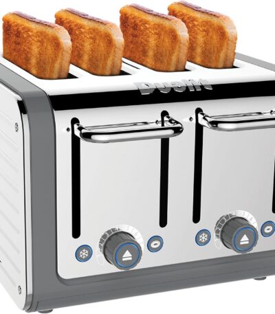 Dualit DA4526 4 Slot Architect Toaster Grey with toast popping out.