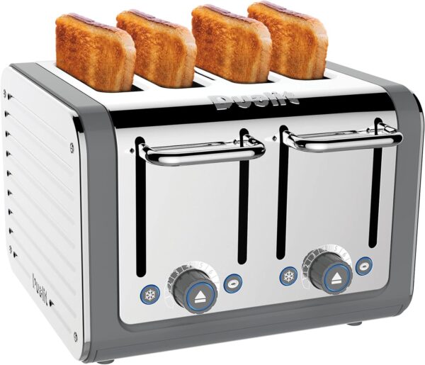 Dualit DA4526 4 Slot Architect Toaster Grey with toast popping out.