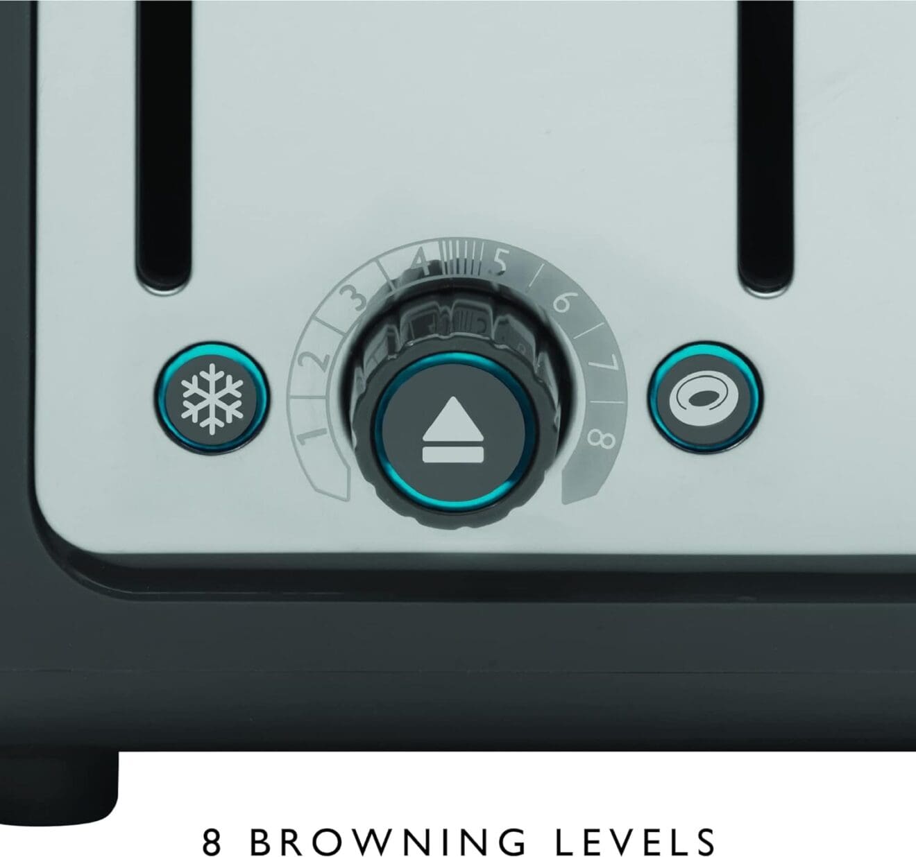 Close up of Dualit Da4526 Toaster's Browning Control Knob with Settings 1 Through 8