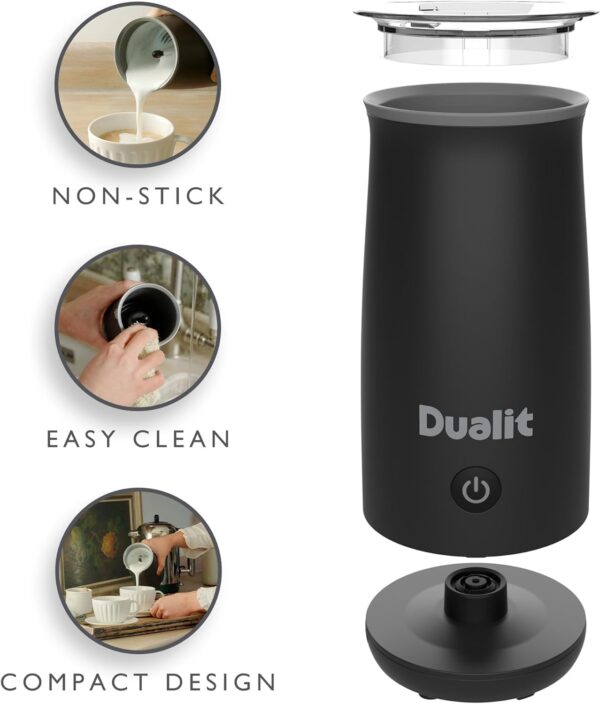 Dualit DA8414 Milk Frother, black with non-stick interior, easy clean features, and compact design.