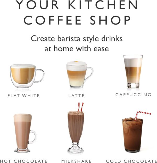 Various coffee shop drinks made at home using the Dualit Milk Frother, including lattes and hot chocolate.