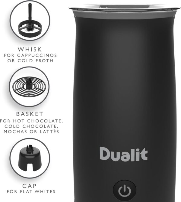 Dualit DA8414 Milk Frother and Hot Chocolate Maker with labeled whisk, basket, and cap attachments.