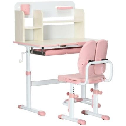 Homcom Kids Desk and Chair Set with Storage Shelves, Washable Cover - Pink