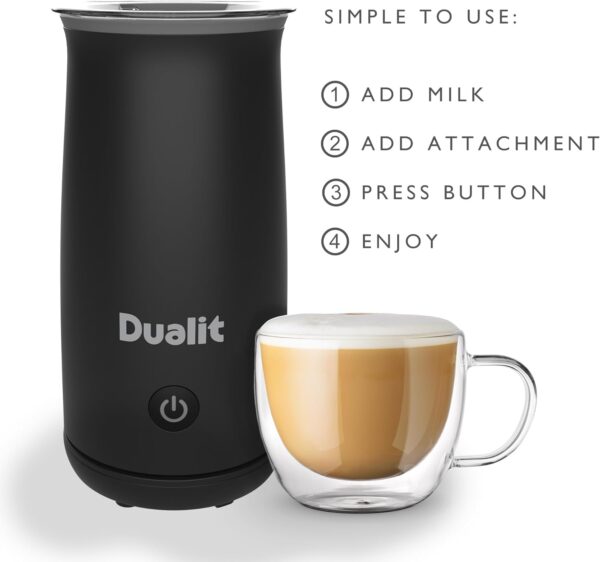 Dualit handheld milk frother next to a cup of cappuccino with usage steps listed.