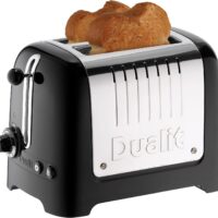 Dualit DA2625 2 Slice Lite Toaster in High Gloss Black with toast.