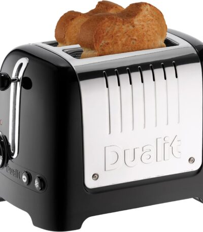 Dualit DA2625 2 Slice Lite Toaster in High Gloss Black with toast.