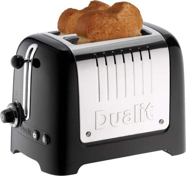 Dualit DA2625 2 Slice Lite Toaster in High Gloss Black with toast.