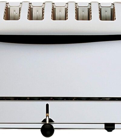Dualit DA0144 6 Slice Vario Toaster in polished stainless steel on a white background.
