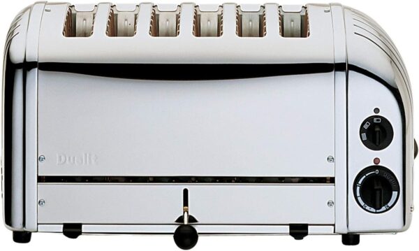 Dualit DA0144 6 Slice Vario Toaster in polished stainless steel on a white background.