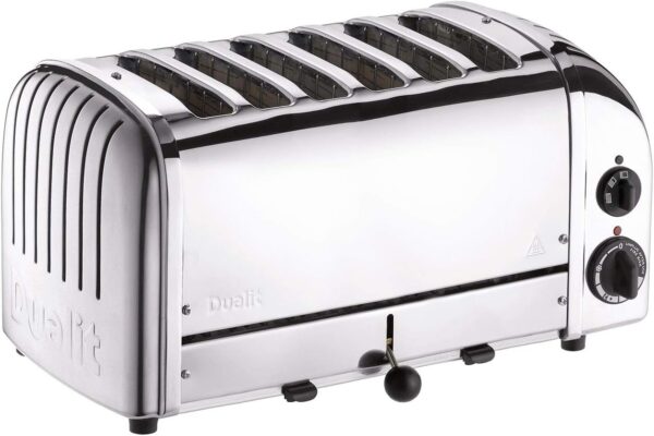 Dualit DA0144 6-slot polished stainless steel toaster on a white background.