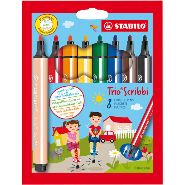 Stabilo ST368/8-01 Trio Scribbi Triangular Fibre-Tip Pen - Pack of 8 - Assorted Colours