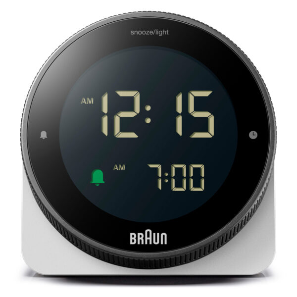 Braun BC24W Digital Alarm Clock with Rotating Bezel for Quick Time Setting - White