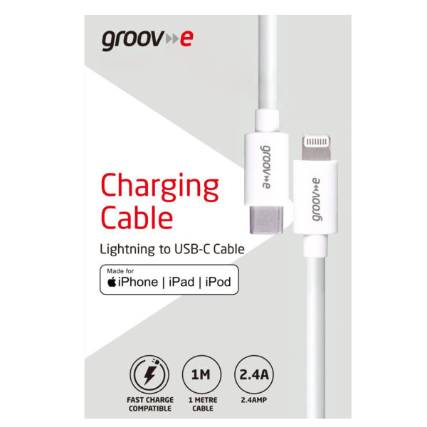 Groov-e GVMA046WE MFI Lightning to USB-C Charging Cable 1M - White - Image 3