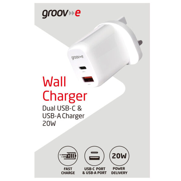 Groov-e GVMA105WE Dual USB-C & USB-A Mains Charger 20W Power Delivery - White - Image 4