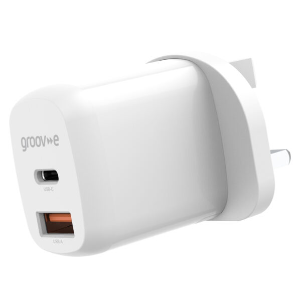 Groov-e GVMA105WE Dual USB-C & USB-A Mains Charger 20W Power Delivery - White - Image 3