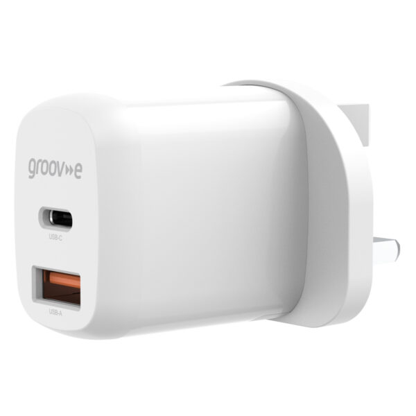 Groov-e GVMA105WE Dual USB-C & USB-A Mains Charger 20W Power Delivery - White