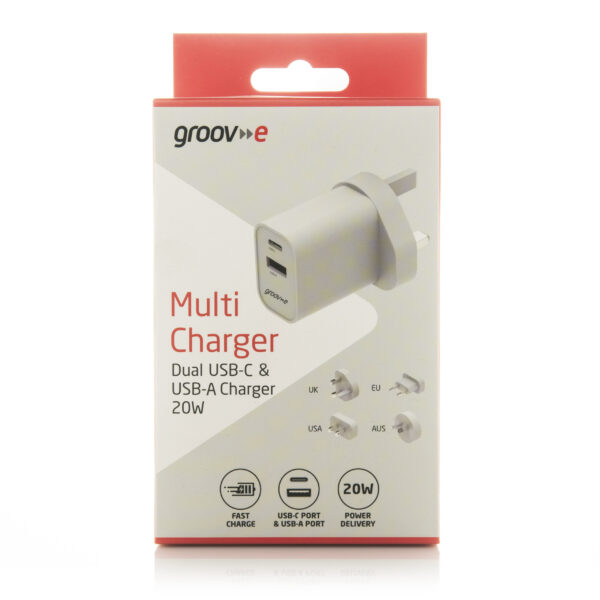 Groov-e GVMA113WE USB-C & USB-A Mains Charger 20W with Worldwide Travel Adaptors - White - Image 4