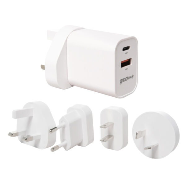 Groov-e GVMA113WE USB-C & USB-A Mains Charger 20W with Worldwide Travel Adaptors - White - Image 2