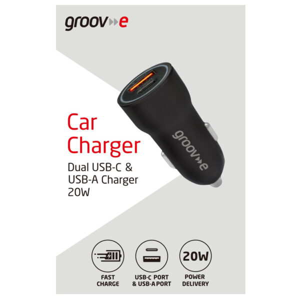 Groov-e GVMA124BK Dual USB-C & USB-A Car Charger 20W - Black - Image 5