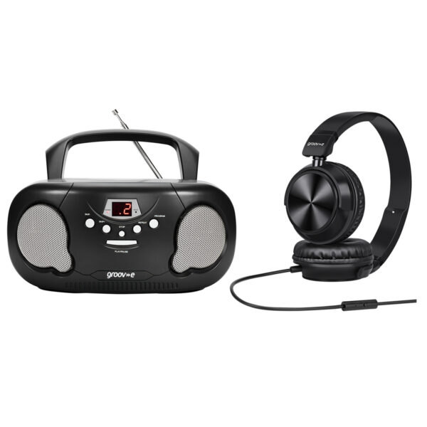 Groov-e GVPS733HP/BK Original Boombox Portable CD Player & Radio Black with Stereo Headphone
