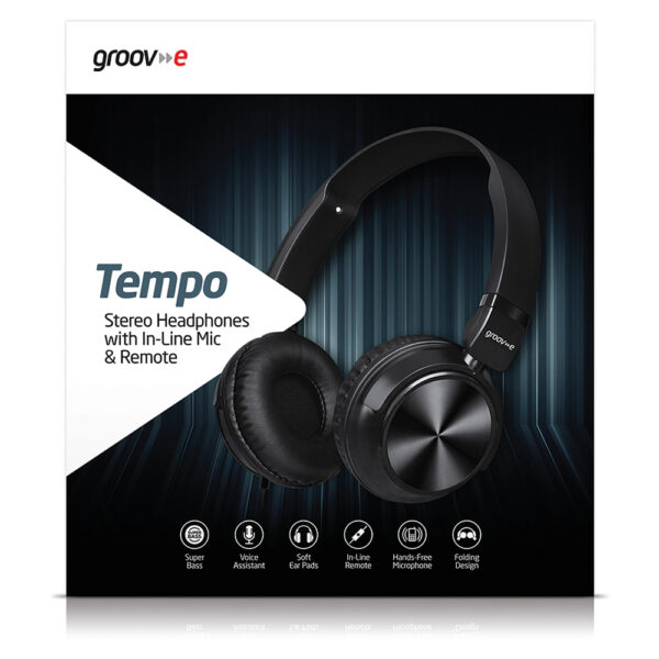 Groov-e GVHP1300BK Tempo Stereo Heaphones with In-Line Mic & Remote - Black - Image 5