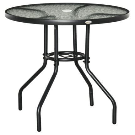 Outsunny Outdoor Round Dining Table Tempered Glass Top Steel w/ Parasol Hole 80cm