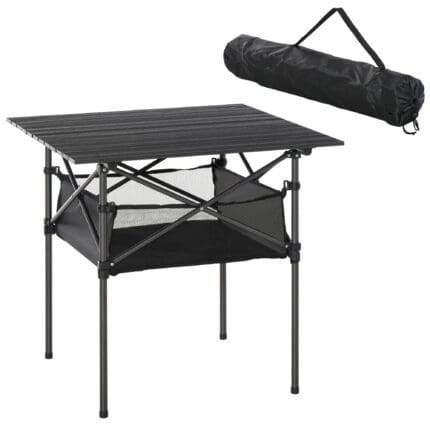 Outsunny Aluminum Camping Table Roll-Top Folding Table Picnic Table w/ Mesh Bag, Black