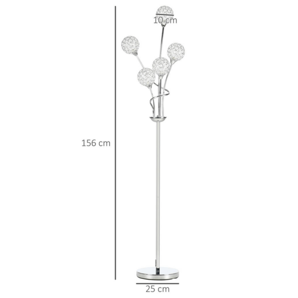 Homcom K9 Crystal Floor Lamp for Living Room, 5 Light Upright Standing Lamp, Silver - Image 3