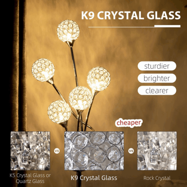 Homcom K9 Crystal Floor Lamp for Living Room, 5 Light Upright Standing Lamp, Silver - Image 4