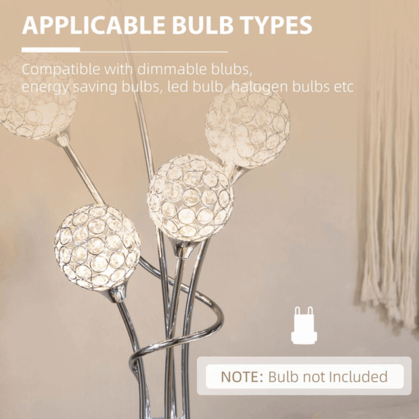 Homcom K9 Crystal Floor Lamp for Living Room, 5 Light Upright Standing Lamp, Silver - Image 6