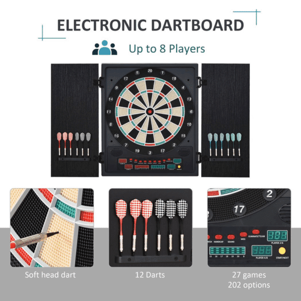 Homcom Electronic Dartboard with LED Digital Score Board 27Games Storage Cabinet - Image 4